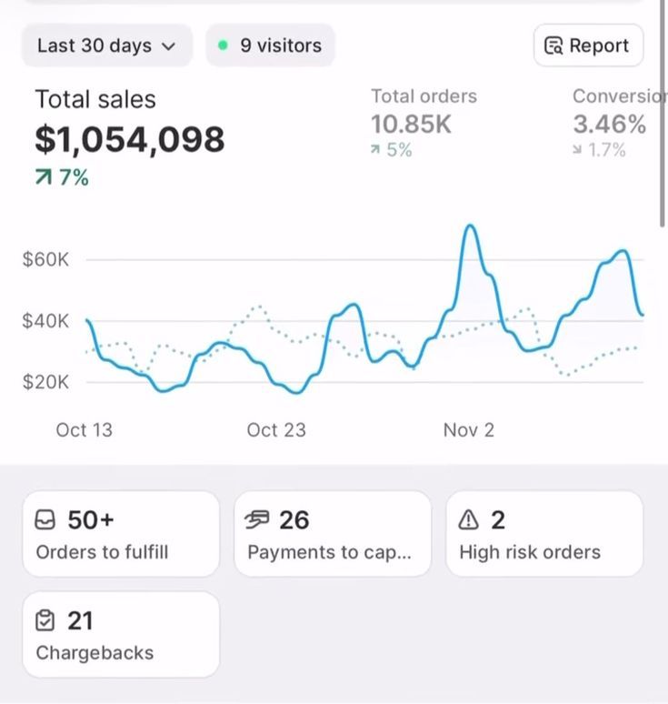 Shopify dashboard showing sales, orders and conversion activity for a 30-day period
