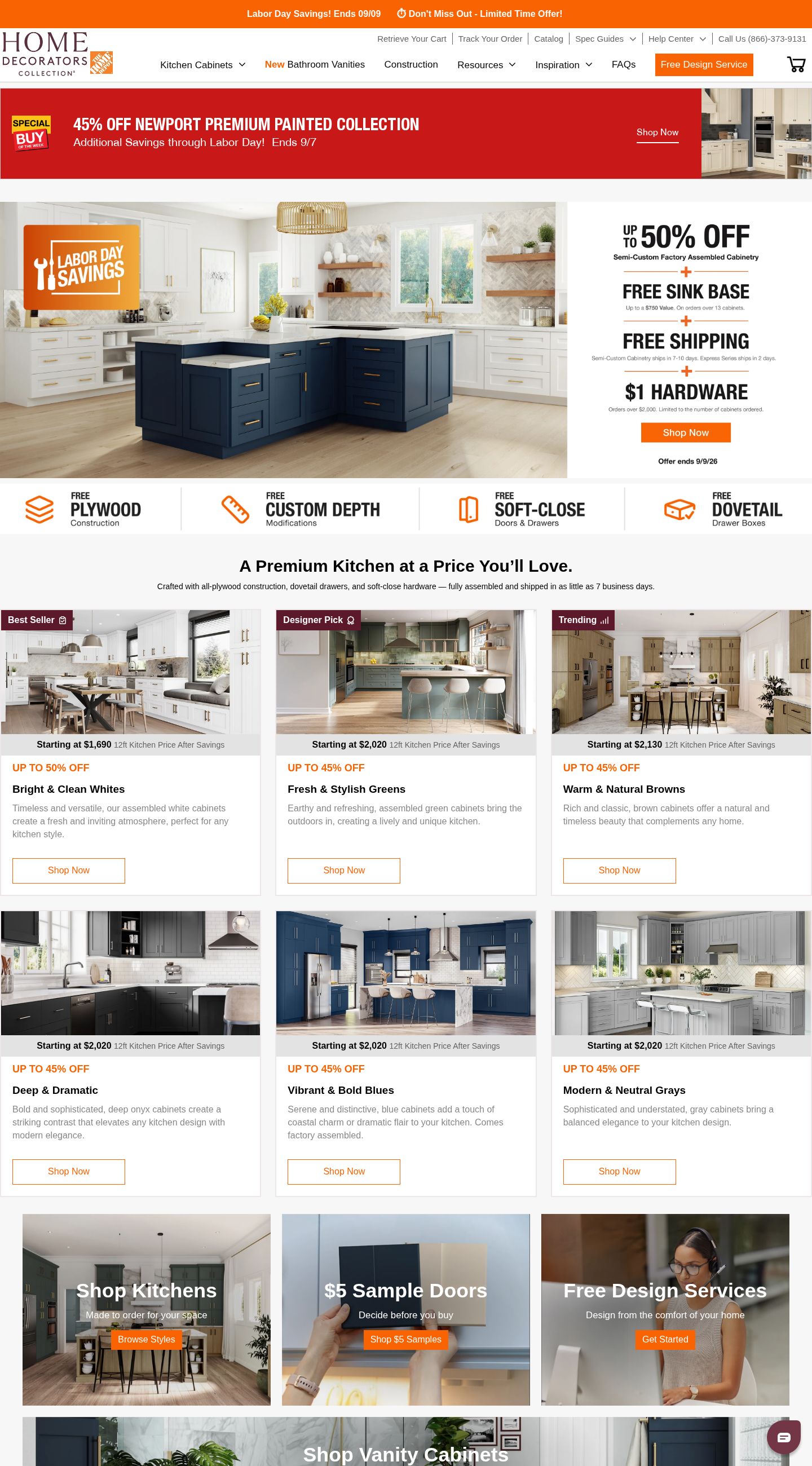 Screenshot of the live Home Decorators Cabinetry website at homedecoratorscabinetry.homedepot.com
