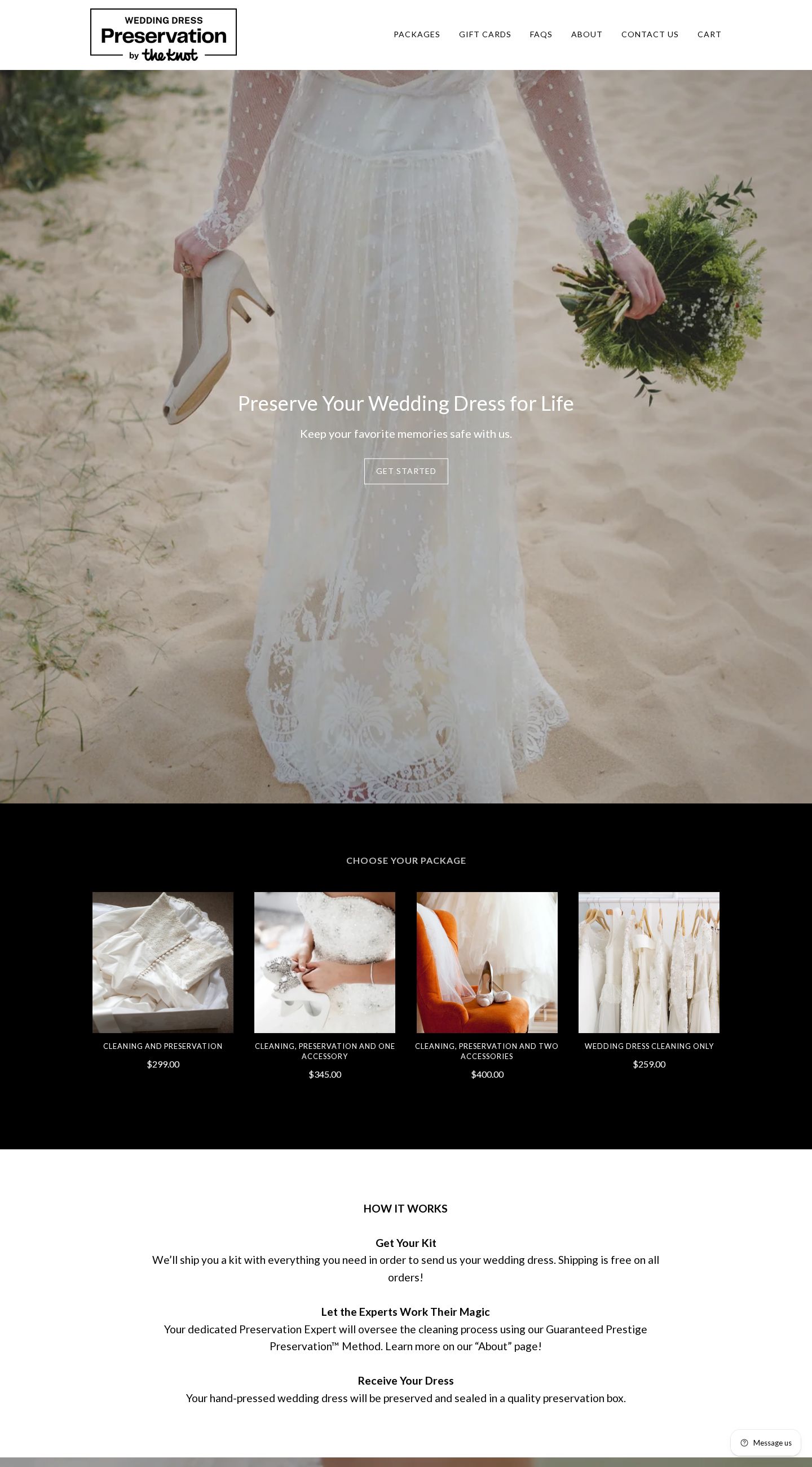 Screenshot of the live The Knot Wedding Dress Preservation website at wedding-dress-preservation.theknot.com