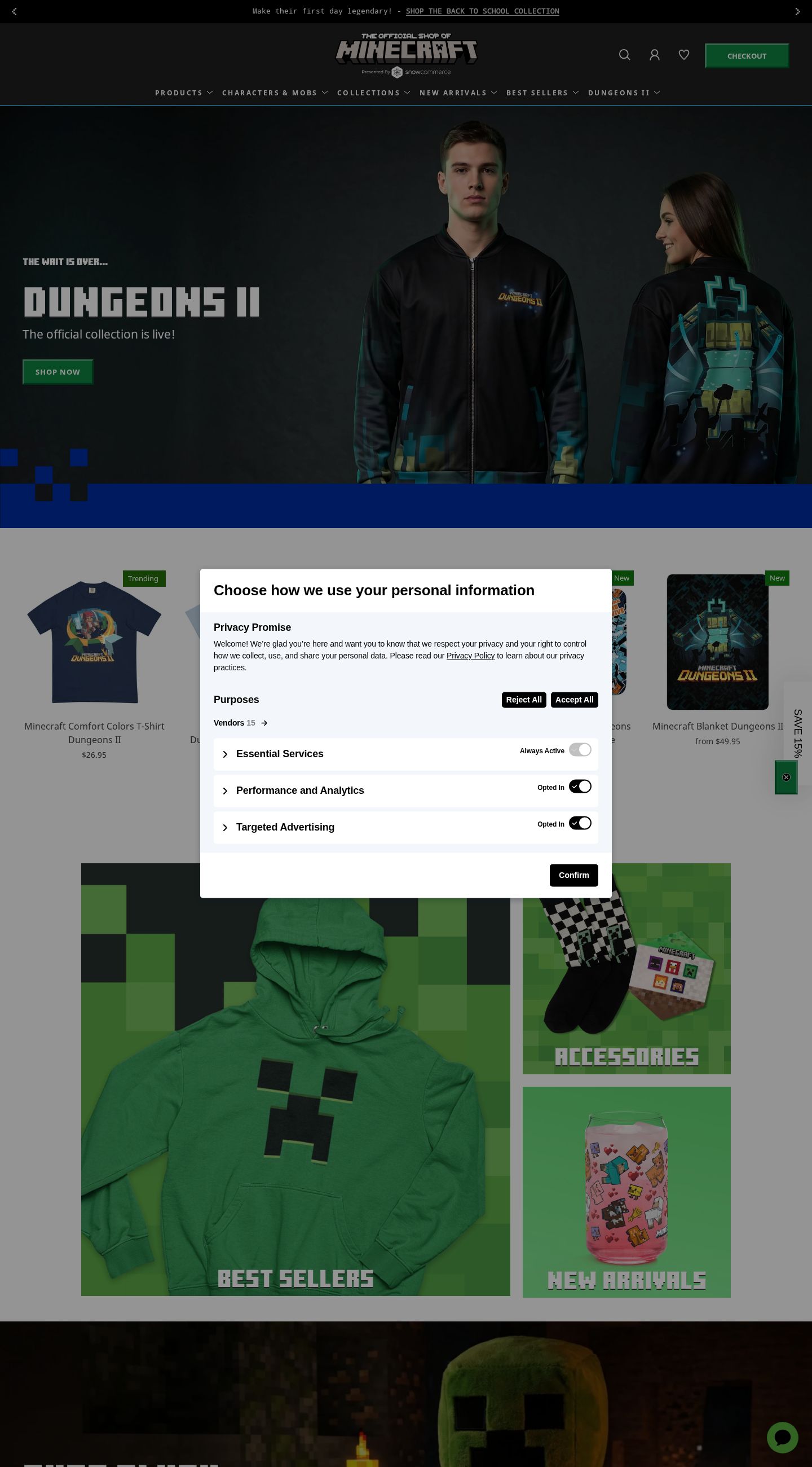 Screenshot of the live Minecraft Shop website at shop.minecraft.net