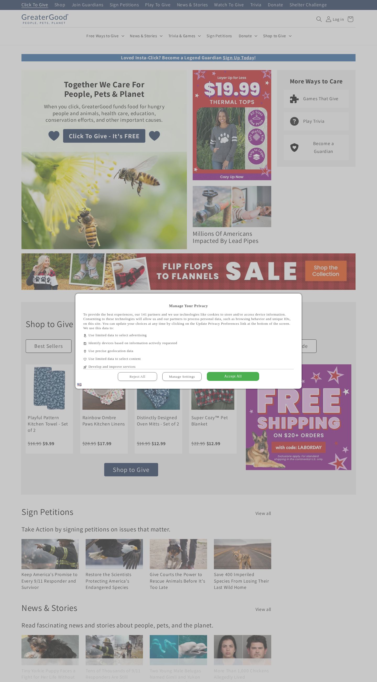 Screenshot of the live GreaterGood website at greatergood.com