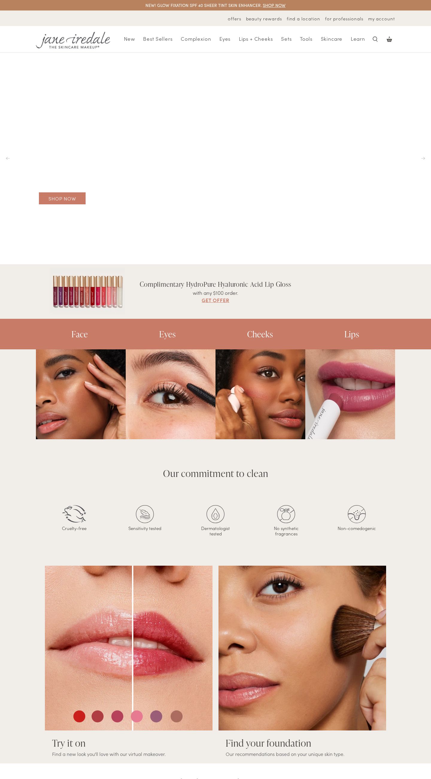 Screenshot of the live Jane Iredale website at janeiredale.com